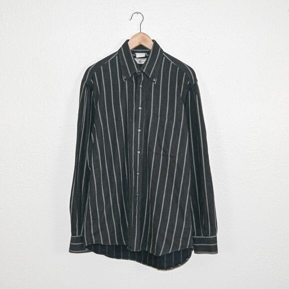 Vtg Luciano Barbera Button Down Flannel Shirt Charcoal Grey stripe size 15 1/2 - Picture 1 of 6